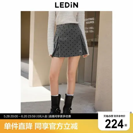 乐町波点灰色半身裙冬季新款学院风百褶短裙蝴蝶结刺绣A字裙图片