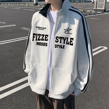 立领卫衣男春秋季拉链开衫上衣2025新款宽松潮牌休闲情侣美式衣服图片