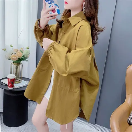 中长款日系复古衬衫外套女早秋2023年新款宽松慵懒风休闲大码上衣商品大图