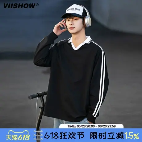VIISHOW春季男士设计感拼色微V翻领长袖T恤宽松百搭男女同款上衣商品大图