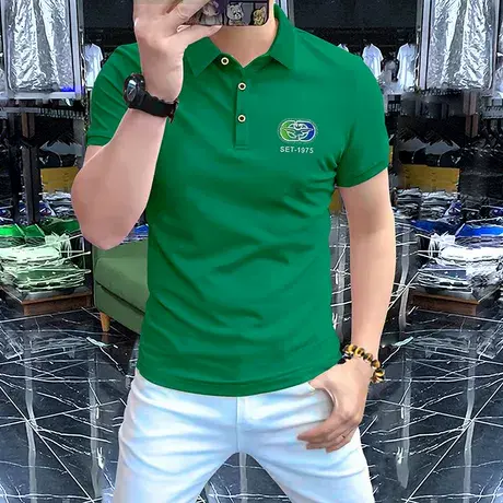 男士Polo衫2025新款轻奢男装半袖上衣合身型烫钻立体工艺绿色T恤商品大图