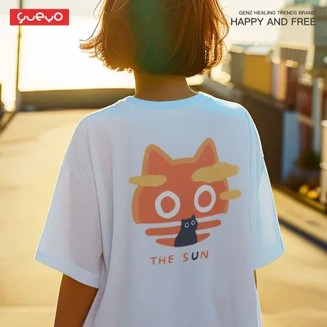 悦游 moon&sun黑猫 情侣装宽松纯棉落肩短袖T恤男背后猫咪背影商品大图