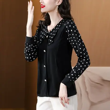 娃娃领衬衣2023秋天新款假两件大码女装波点衬衫妈妈装显瘦打底衫商品大图