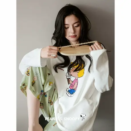 贝妍史努比睡衣女春秋新款柔软棉长袖家居服可爱卡通少女大码套装商品大图