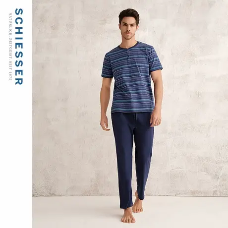 SCHIESSER舒雅春夏新品男士纯棉横条纹圆领可外穿睡衣家居服套装图片