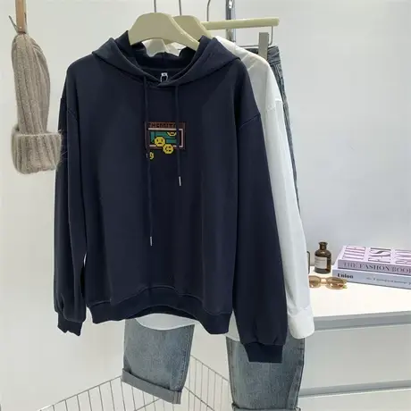 笑脸刺绣连帽棉毛圈连帽卫衣女藏青色宽松薄款春季帽衫外套上衣女商品大图