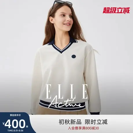 ELLE Active户外穿搭复古运动卫衣女华夫格长袖衫气质V领上衣显瘦商品大图