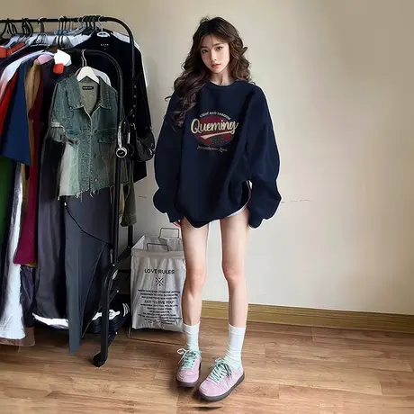 藏蓝色卫衣女圆领秋冬加绒加厚2025新款爆款早秋薄款慵懒风上衣女商品大图