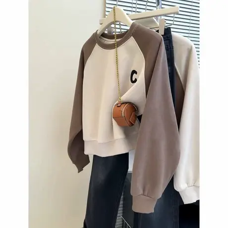 字母刺绣撞色长袖卫衣女秋冬装加绒加厚宽松短款正肩外套上衣潮牌商品大图