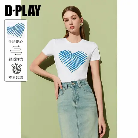DPLAY夏季新款白色短袖蓝色手绘爱心T恤宽松亲肤休闲女上衣商品大图