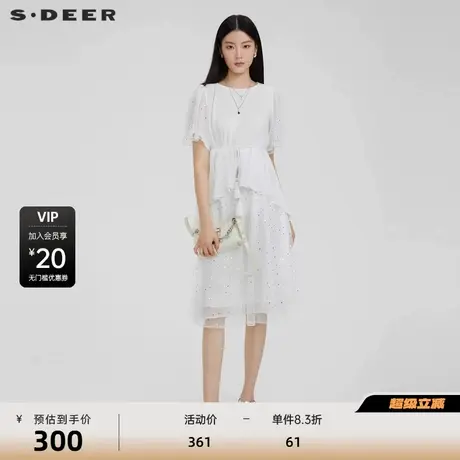 【直播间专属】sdeer圣迪奥圆领收腰网纱泡泡袖连衣裙S232Z1235图片