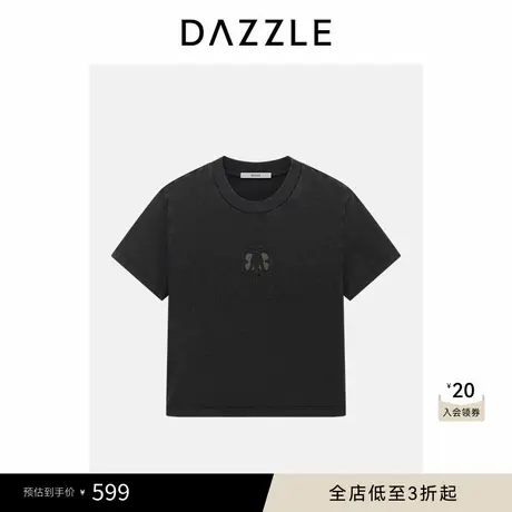 DAZZLE 地素奥莱T恤夏季黑色纯棉全棉水洗绣花短袖t恤图片