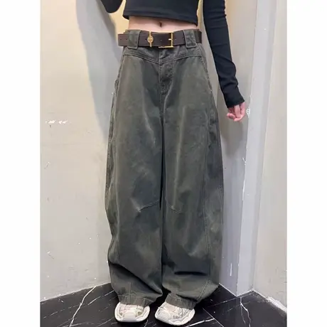 拉夏贝尔立体口袋弯刀休闲裤女2025早秋新款宽松简约休闲拖地裤子图片