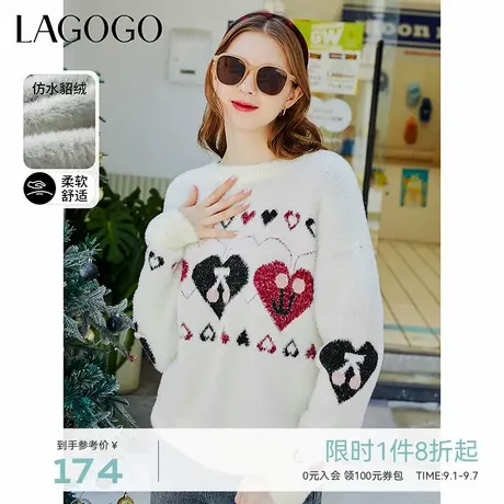 LAGOGO仿水貂绒爱心提花套头毛衣女拉谷谷春季新款慵懒风针织衫商品大图