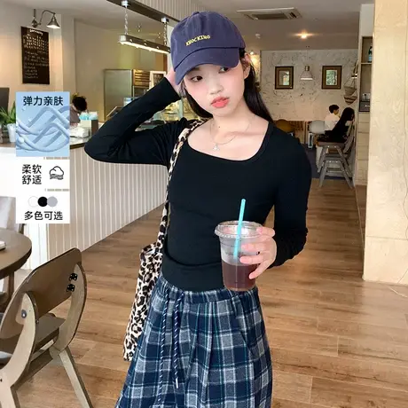 KV真维斯黑色方领内搭打底衫女2025新款褶皱修身收腰长袖t恤上衣商品大图