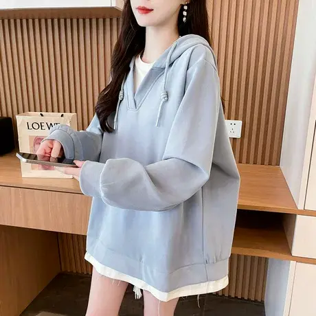 连帽卫衣女2025新款春秋季韩版宽松大码中长款百搭薄款假两件外套商品大图
