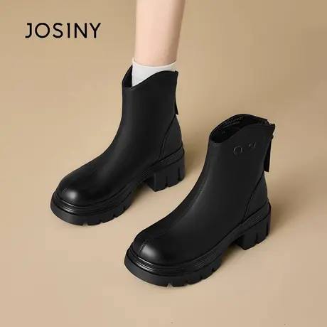 卓诗尼粗跟厚底短筒靴子女2025秋冬新款厚底软皮高跟英伦风马丁靴图片