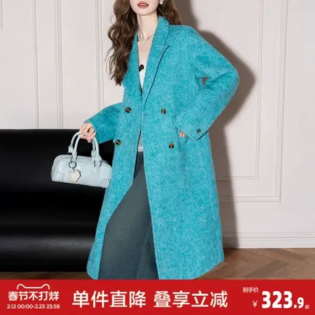 唐狮秋冬季长款羊毛大衣休闲毛呢外套宽松型翻领女士长款大衣图片