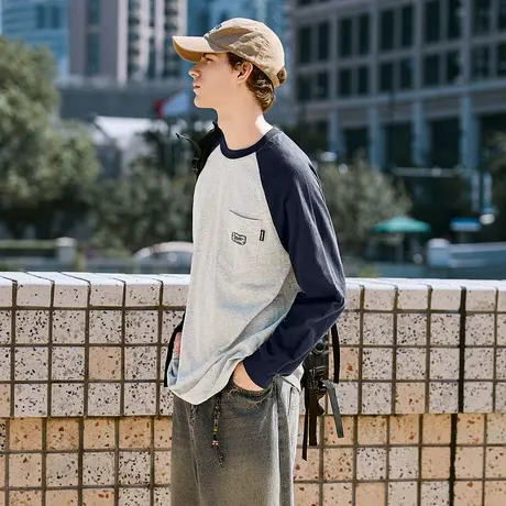 唐狮春秋新款长袖T恤男插肩白色宽松内搭青少年潮流纯棉打底衫TD商品大图
