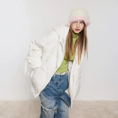 设计感纯色连帽棉服女冬季加厚外套2023新款复古宽松潮牌棉衣棉袄商品大图