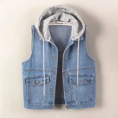 牛仔马甲女宽松春秋韩版中长新款显瘦无袖背心坎肩可拆卸连帽大码商品大图