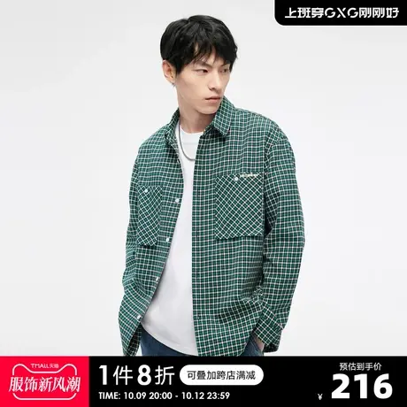 GXG奥莱23年夏新品潮流基础格纹舒适翻领长袖衬衫外穿时尚情侣图片