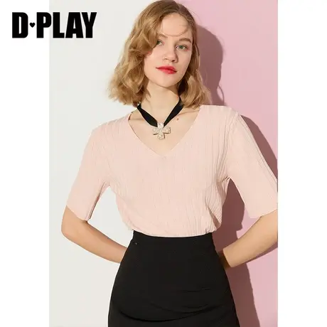 DPLAY【惠品】夏新款简约时尚宽松V领裸粉色冰爽针织T恤衫商品大图