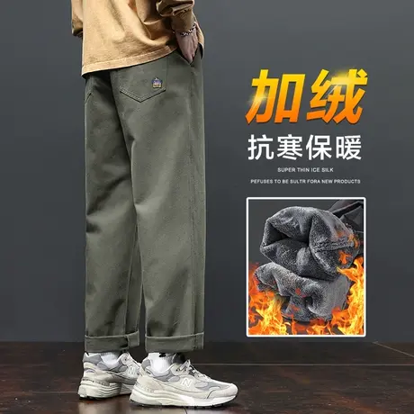 军绿色加厚保暖阔腿休闲裤冬季加绒冬裤男士工装秋冬款防风男裤子商品大图