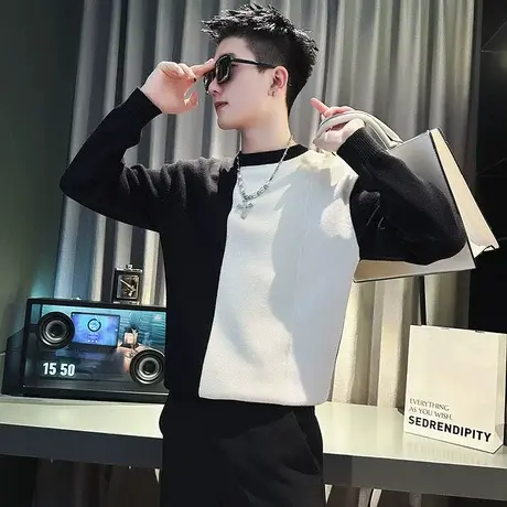 秋冬拼色高级感套头毛衣男ins小众轻熟风潮男休闲内搭针织衫上衣商品大图