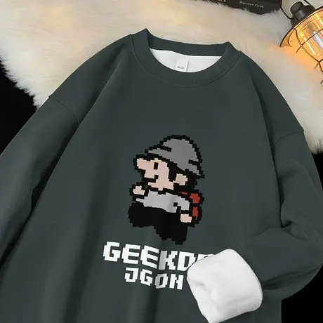 450g重磅男士卫衣2023新款无帽衫灰色长袖t恤摇粒绒保暖圆领潮流商品大图