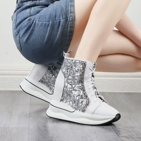 2023年新款内增高女鞋10CM真皮亮片休闲厚底坡跟旅游高帮运动鞋潮商品大图