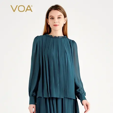 VOA桑蚕丝乔其纱海蓝木耳边圆领衬衫袖百褶直筒宽松双层真丝T恤女图片