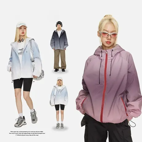 潮牌复古渐变色连帽女外套春秋2023新款宽松情侣装运动夹克商品大图