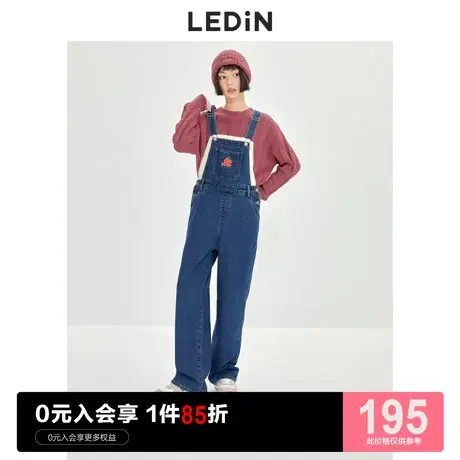 乐町甜美拼接背带裤休闲秋冬季新款草莓刺绣直筒牛仔裤女裤子阔腿图片