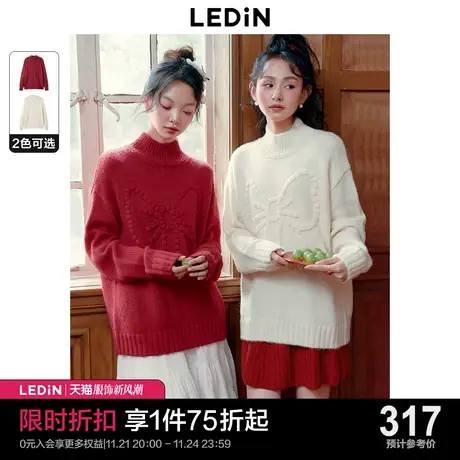 乐町蝴蝶结半高领毛衣女23年冬季新款简约松弛感加厚套头毛针织衫图片