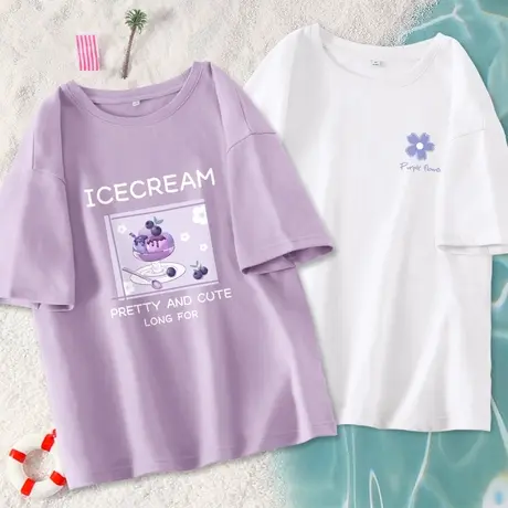 真维斯LIFE系列紫色短袖t恤女士2022年新款夏季纯棉宽松女装半袖图片