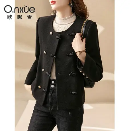 欧昵雪2023冬季新款时尚圆领加厚保暖小个子呢子短外套女长袖修身商品大图