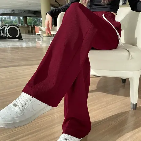 红色窄版针织阔腿裤女春秋新款高腰显瘦垂感直筒休闲抽绳拖地长裤商品大图