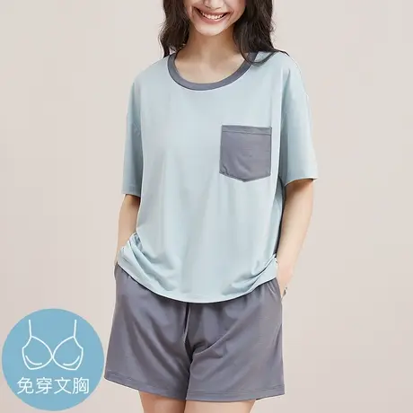 带胸垫睡衣女夏季薄款防凸点可外穿家居服宽松短袖短裤长裤套装商品大图