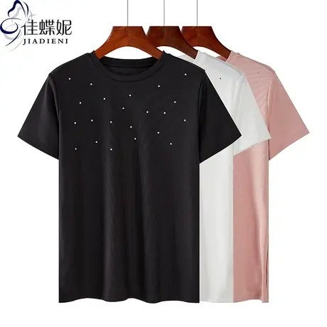 夏季新款韩版纯白圆领宽松纯色简约休闲镶钻短袖体恤上衣女装商品大图