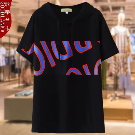 加肥加大码女中年妈妈连帽小衫洋气胖妈妈装夏装字母薄款卫衣T恤商品大图