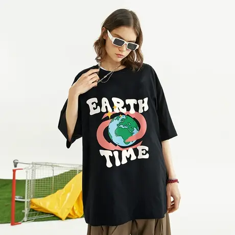 欧美潮牌ins趣味地球短袖T恤男潮中性风潮流宽松oversize情侣半袖商品大图