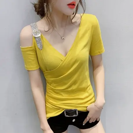 性感露肩深V领T恤女短袖夏装不规则设计感洋气上衣显瘦百搭小衫潮商品大图