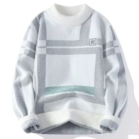 软糯保暖水貂绒半高领条纹毛衣男士秋冬季打底针织衫加绒加厚上衣商品大图