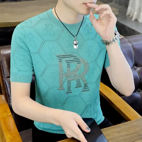 短袖冰丝薄款夏装潮牌欧货个性烫钻字母新款半袖高端透气针织t恤商品大图