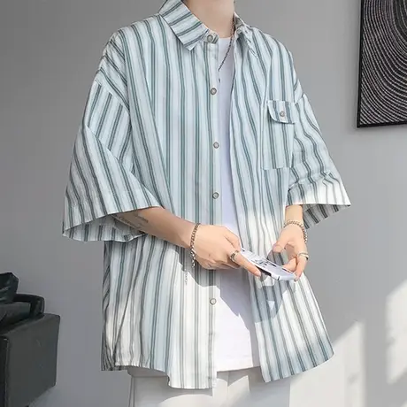 条纹短袖衬衫男士夏季新款纯棉半袖上衣外套港风翻领休闲男生衬衣商品大图