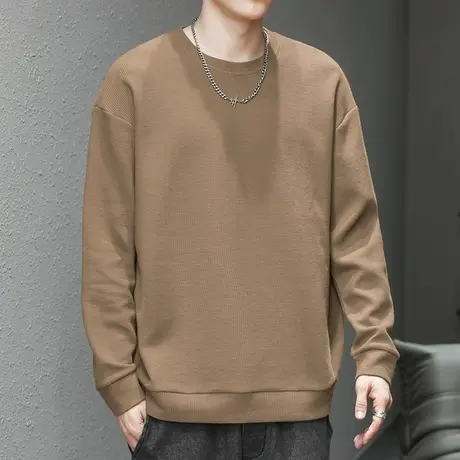 男士卫衣2024新款华夫格秋冬款加绒加厚保暖圆领无帽纯色长袖t恤图片