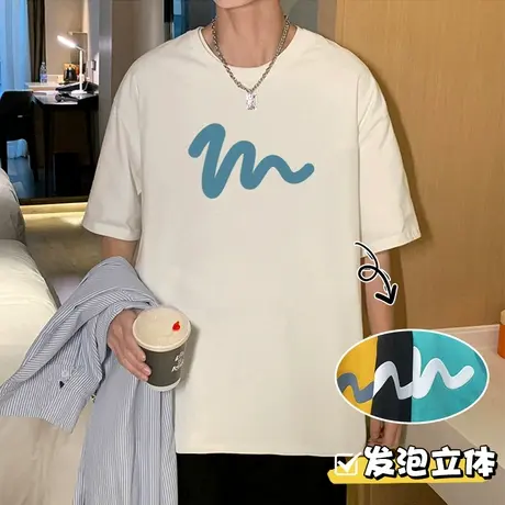 短袖t恤男夏季潮牌宽松内搭纯棉半袖发泡印花休闲打底衫港风体恤t商品大图
