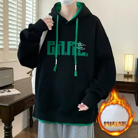 假两件连帽卫衣男秋冬款字母印花外套男士加绒加厚保暖长袖上衣服图片