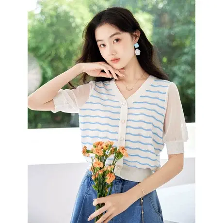 时尚气质V领短袖针织衫2023年夏季新款淑女温柔显瘦条纹百搭上衣商品大图